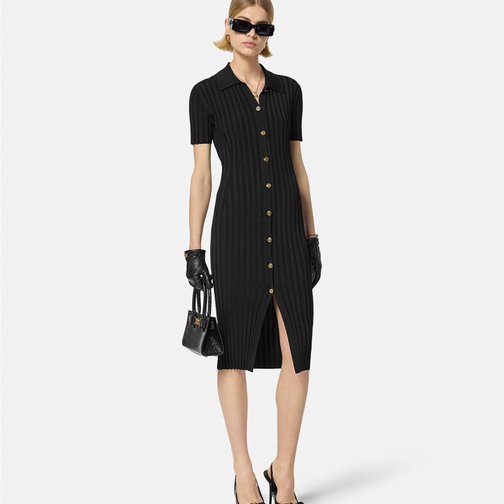 VERSACE RIBBED KNIT MIDI SHIRT DRESS